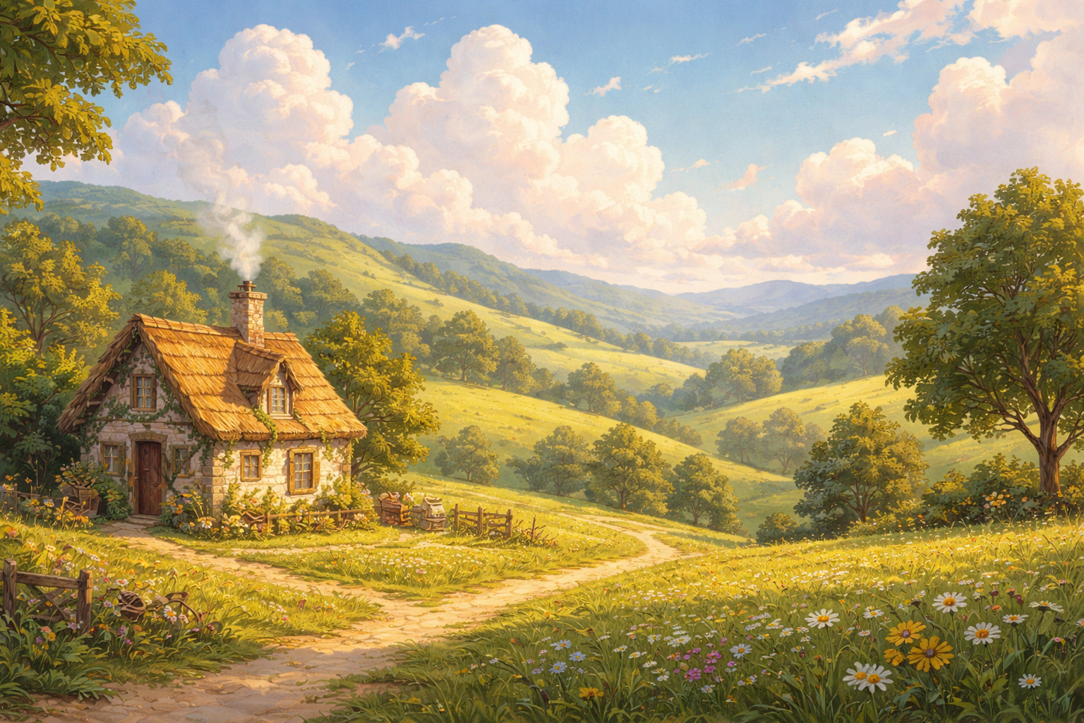 Hand-painted storybook countryside scenery