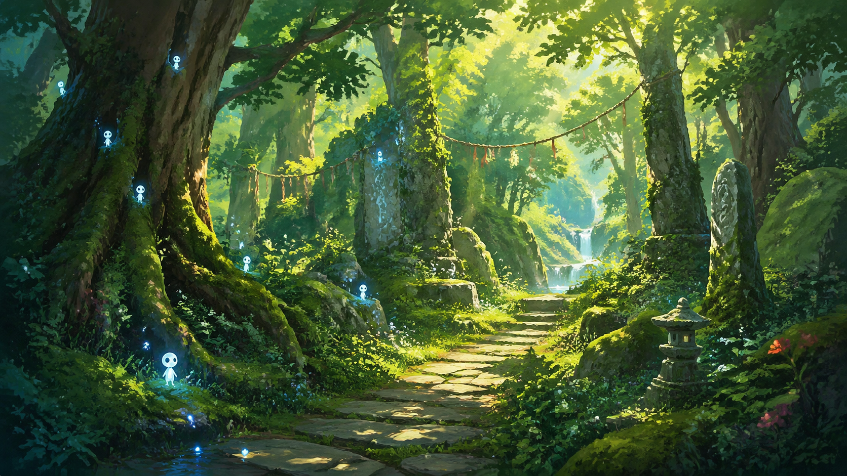 Lush hand-painted forest path