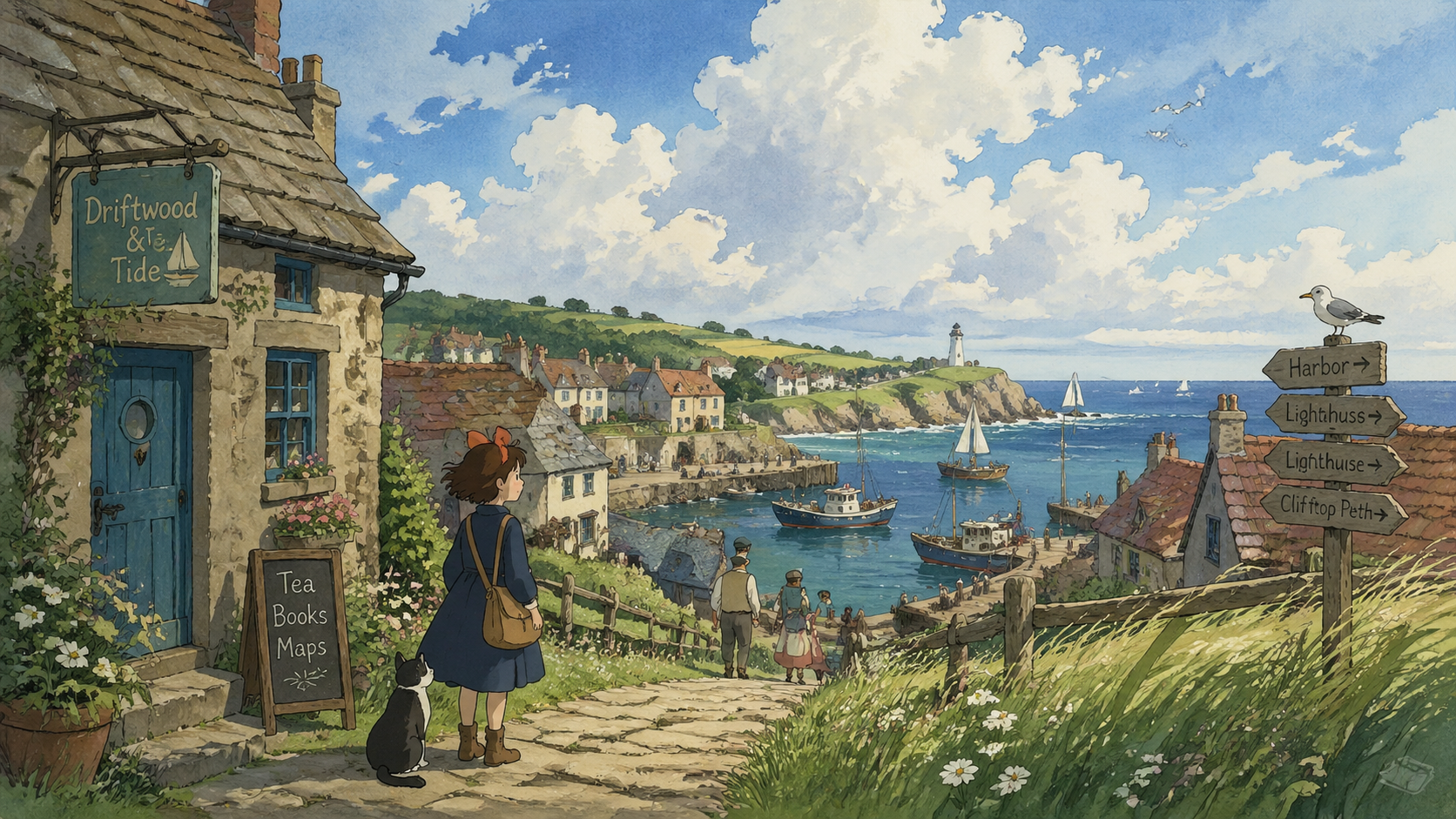 Cozy seaside village in a hand-painted animation mood