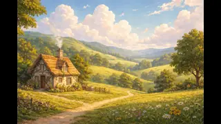 Hand-painted storybook countryside scenery