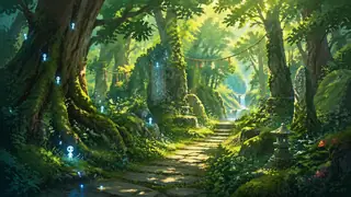 Lush hand-painted forest path
