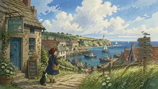 Cozy seaside village in a hand-painted animation mood