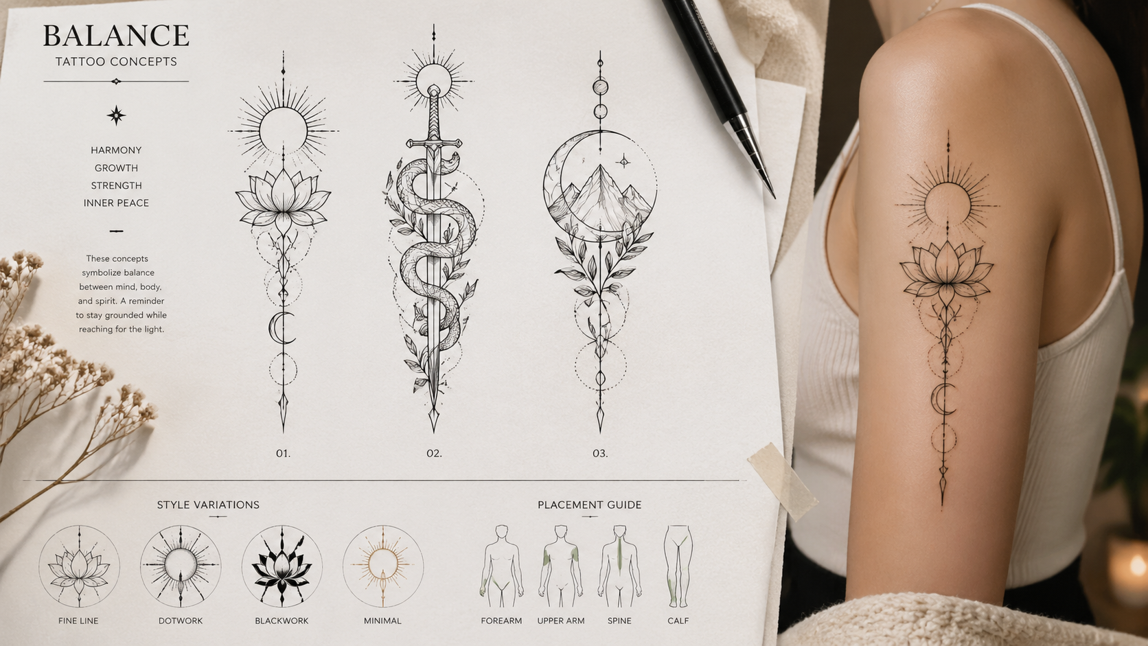Close-up or alternate layout for tattoo concept sketches with clean linework