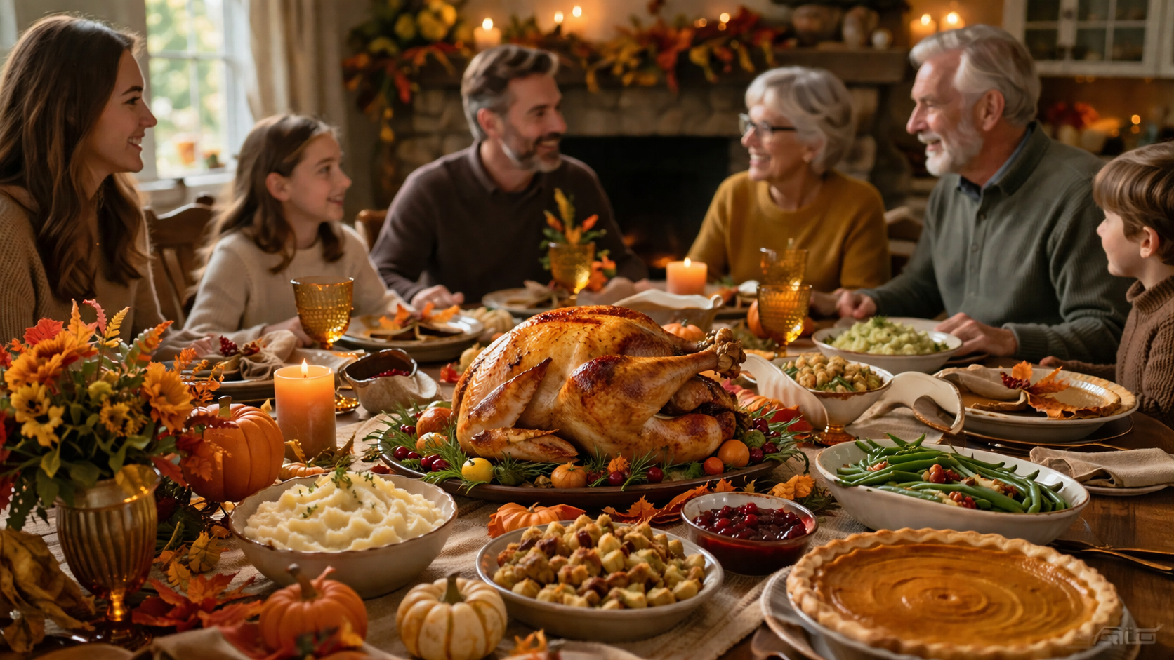 Thanksgiving dinner imagery with abundant tablescapes