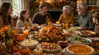 Thanksgiving dinner imagery with abundant tablescapes
