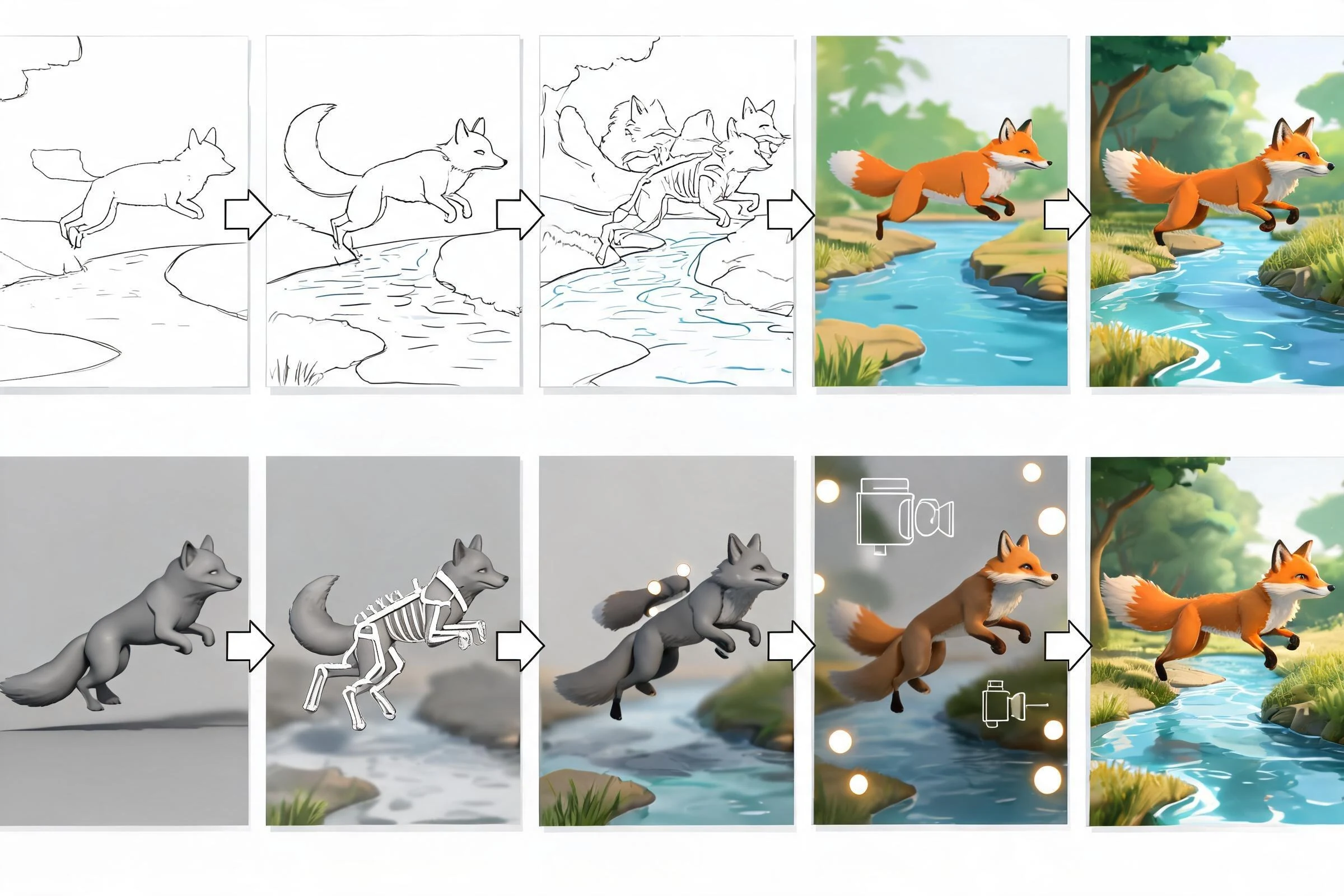 Production tasks behind the same animated shot in 2D and 3D.