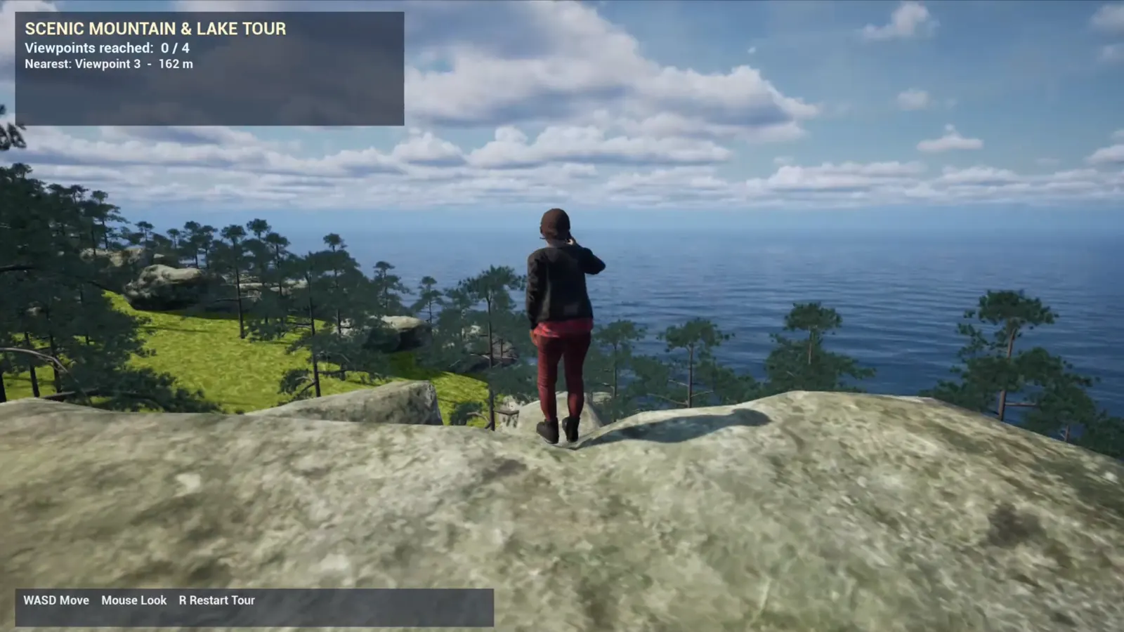 Echoes of the Wildwater UE5 gameplay showing a third-person character overlooking the ocean and mountain tour route