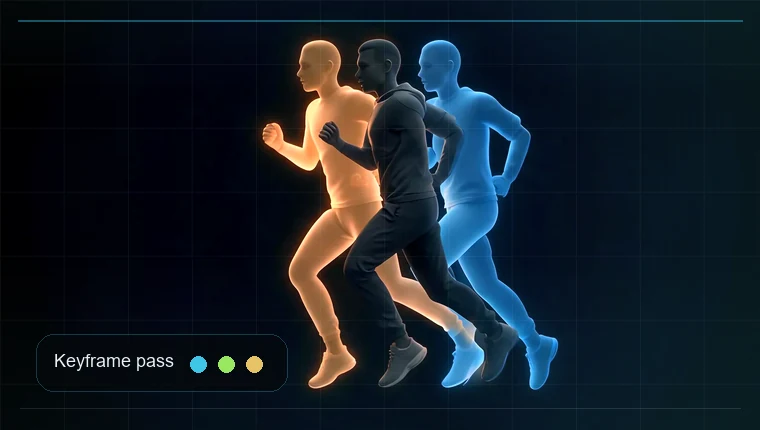 Animation and scene preview showing character running keyframes, motion paths, and playback rhythm