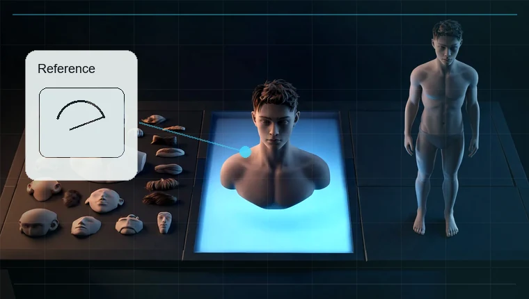 Image-to-3D capability showing a reference image, character head sculpt, and complete body model