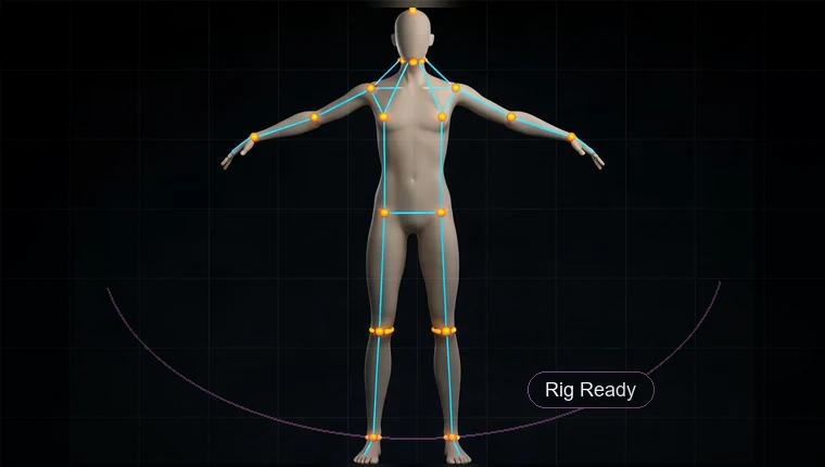 Rigging and animation preparation showing character bone nodes, IK controls, and pose checks