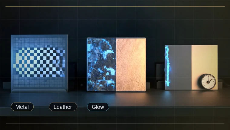 AI texturing capability showing a material sphere changing from gray clay to a PBR finish