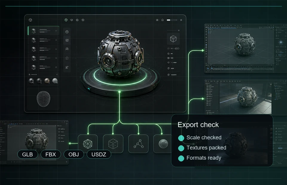 AI 3D download and export workspace with a modular asset preview, format checks, and GLB, FBX, and OBJ files
