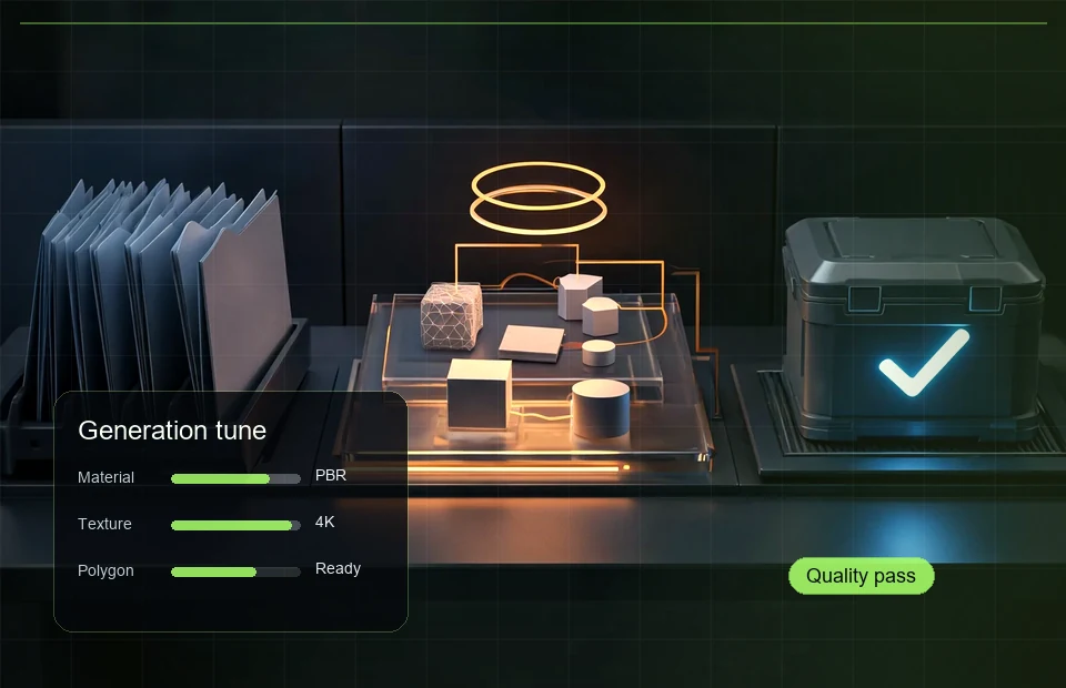 AI 3D quality controls showing asset checks, materials, textures, topology, and polygon budget