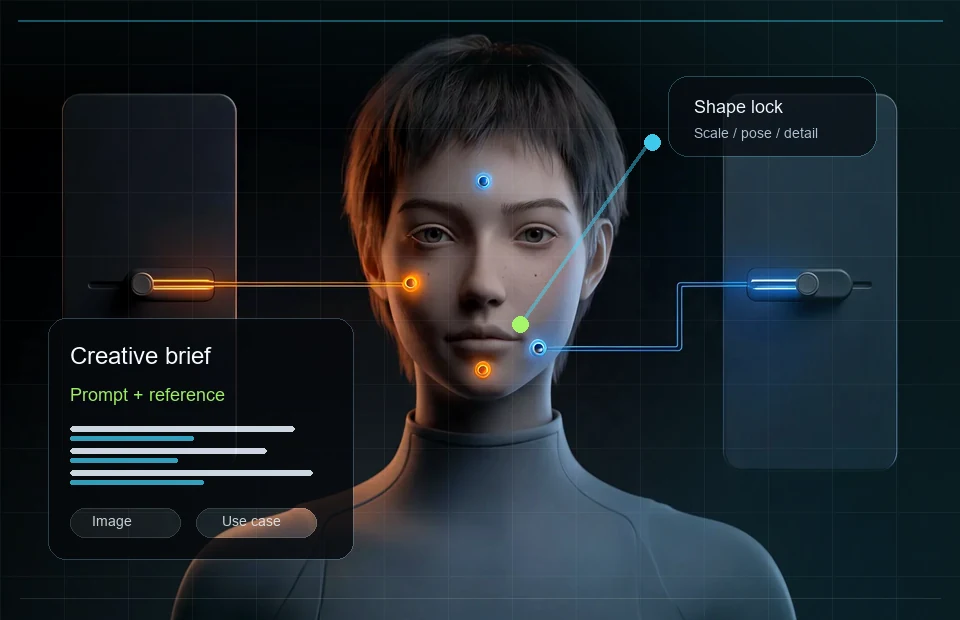 AI 3D creation input workspace with a text prompt, reference image, silhouette recognition, and usage notes